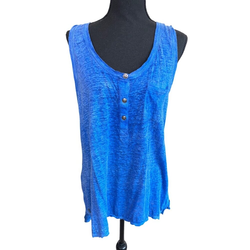 Dear John Cobalt Blue 100% Linen Tank Top Button Size L Beach Nautical Resort